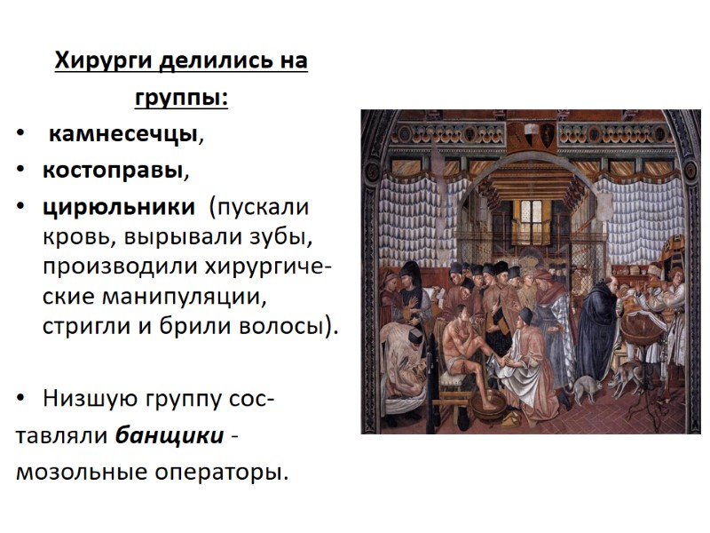 Хирурги делились на группы:  камнесечцы,  костоправы,  цирюльники  (пускали  